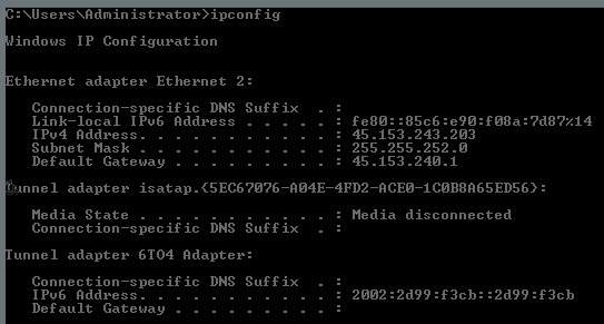 ipconfig result on a Windows PC