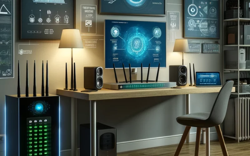 A realistic scene inside a modern home office, showing a secure home network setup.