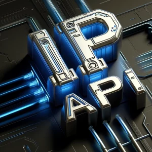 A digital illustration of the words 'IP API' in bold, futuristic font on a sleek, high-tech background.