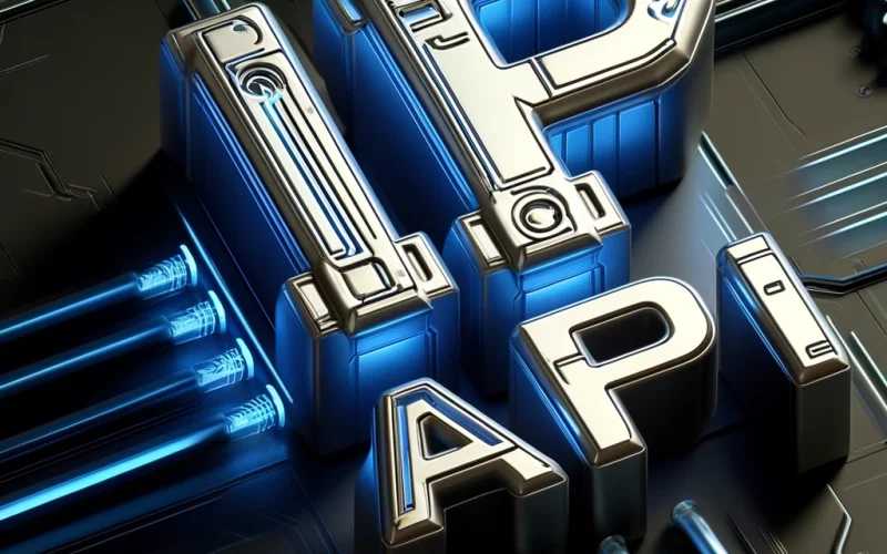 A digital illustration of the words 'IP API' in bold, futuristic font on a sleek, high-tech background.