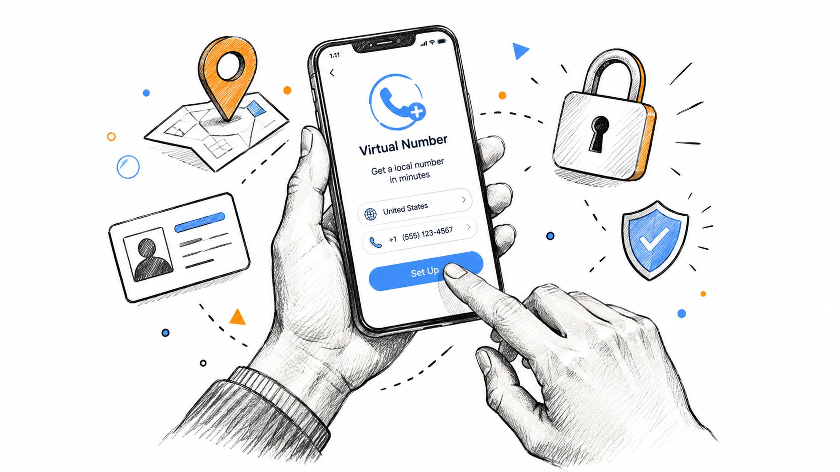A hand holding a smartphone to set up a virtual phone number with security and privacy icons.